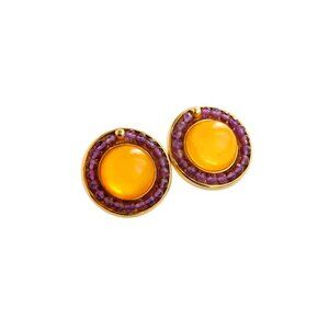 Egg Yolk Amber and Amethyst Earrings in 14k Gold Plated s925